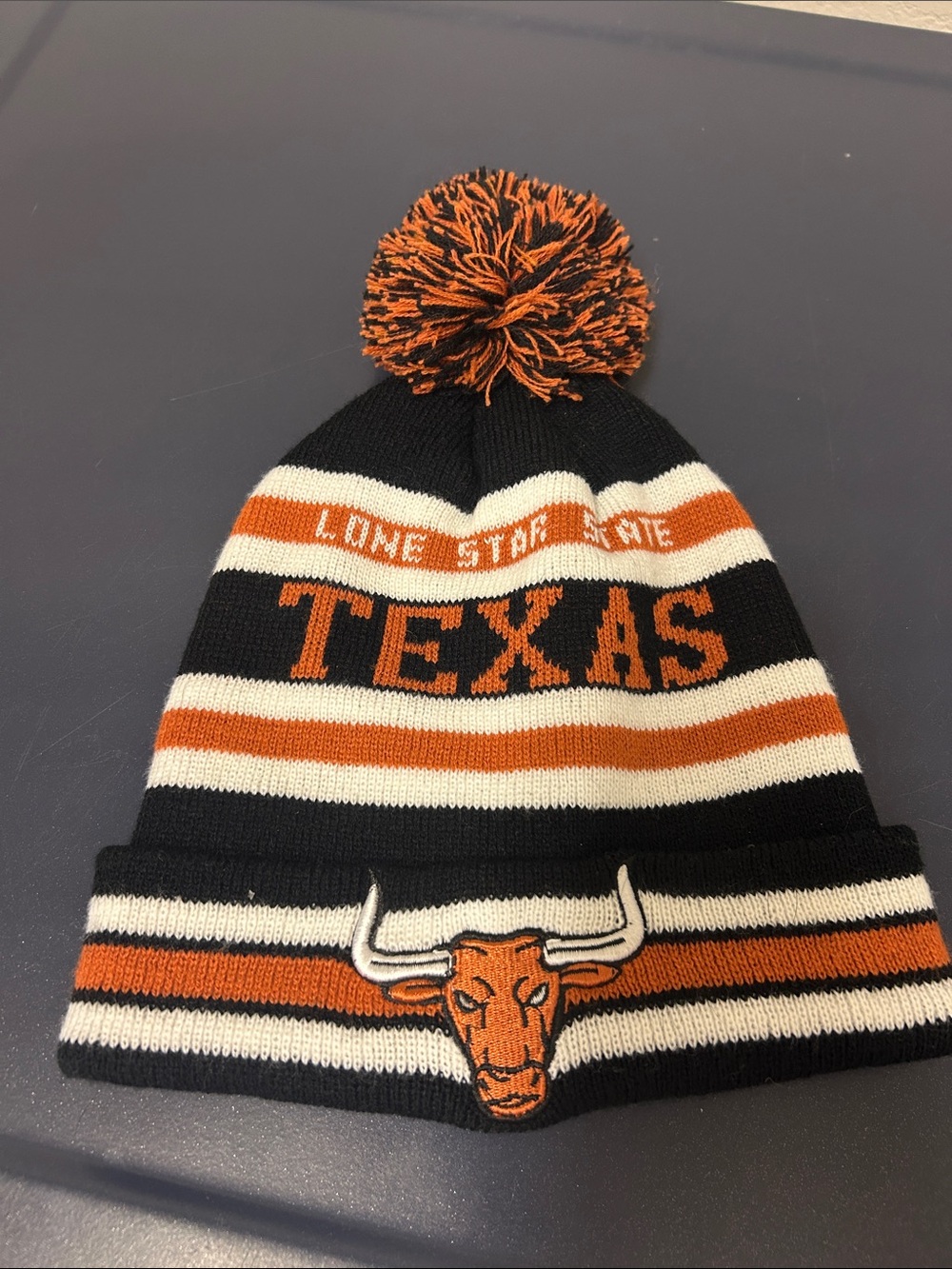 Texas Knit Pom Beanie Hat - Black & Orange